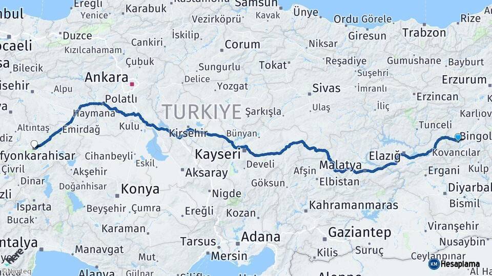 Bingöl Afyonkarahisar Arası Kaç Km - Yol Haritası