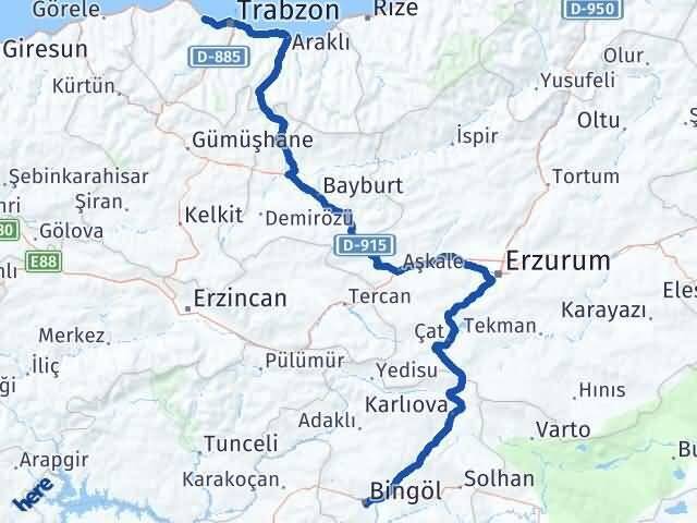 Bingöl Akçaabat Trabzon Arası Kaç Km - Yol Haritası