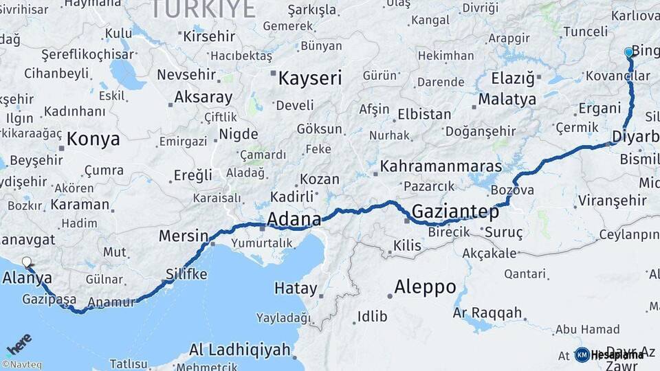 Bingöl Alanya Antalya Arası Kaç Km - Yol Haritası