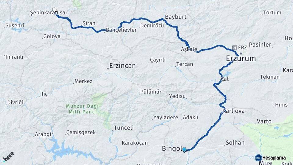 Bingöl Alucra Giresun Arası Kaç Km - Yol Haritası