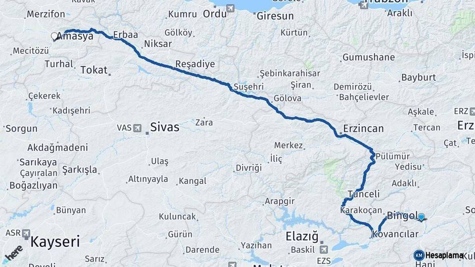 Bingöl Amasya Arası Kaç Km - Yol Haritası