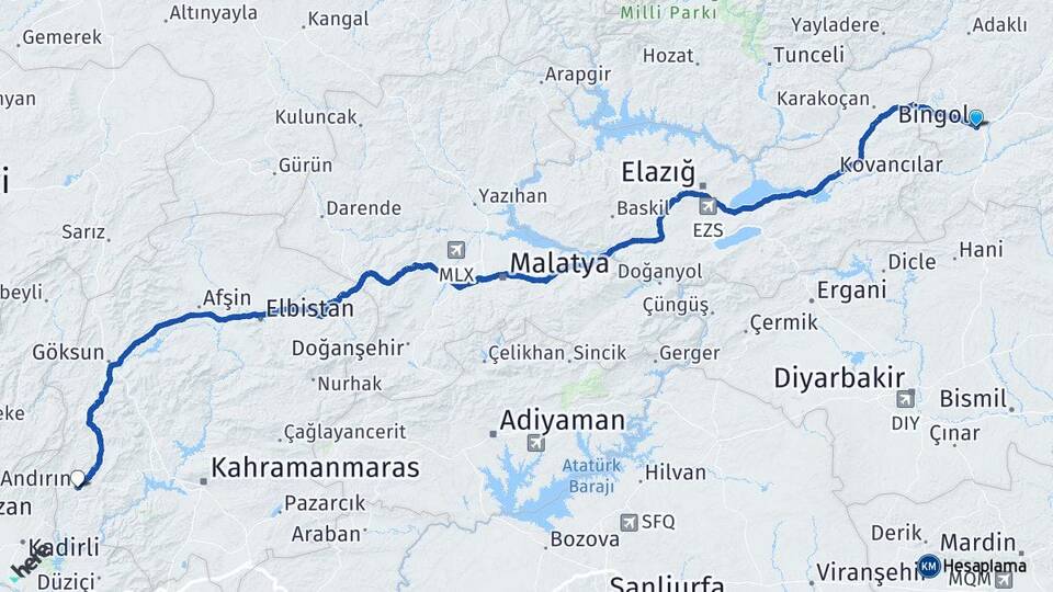 Bingöl Andırın Kahramanmaraş Arası Kaç Km - Yol Haritası