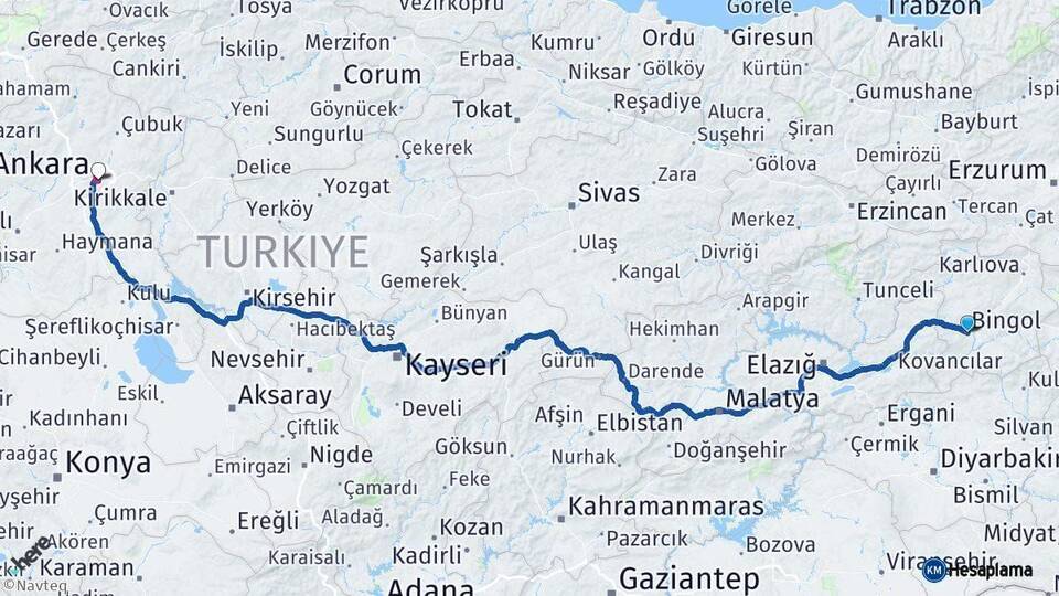 Bingöl Ankara Arası Kaç Km - Yol Haritası