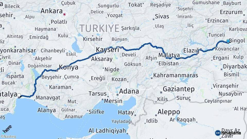 Bingöl Antalya Arası Kaç Km - Yol Haritası