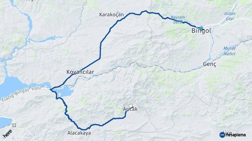 Bingöl Arıcak Elazığ Arası Kaç Km - Yol Haritası