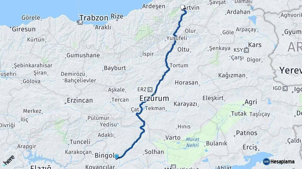 Bingöl Artvin Arası Kaç Km - Yol Haritası