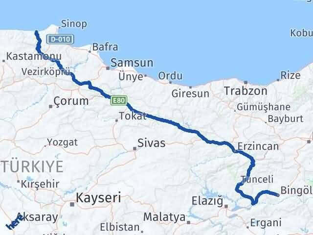 Bingöl Ayancık Sinop Arası Kaç Km - Yol Haritası