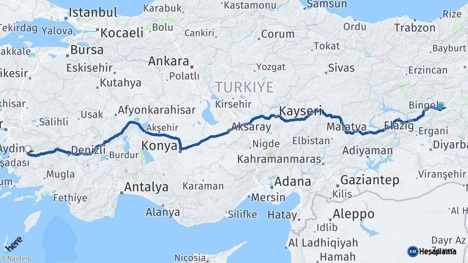 Bingöl Aydın Arası Kaç Km - Yol Haritası