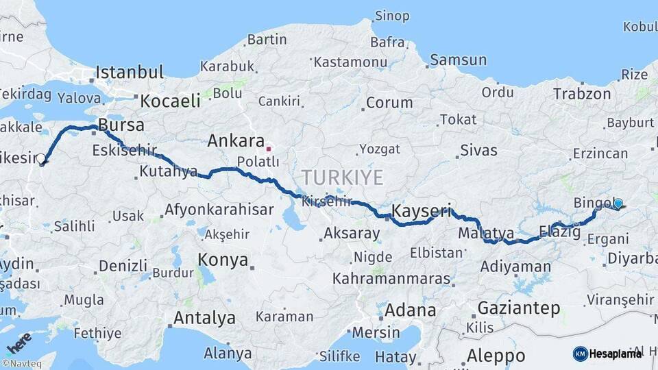 Bingöl Balıkesir Arası Kaç Km - Yol Haritası