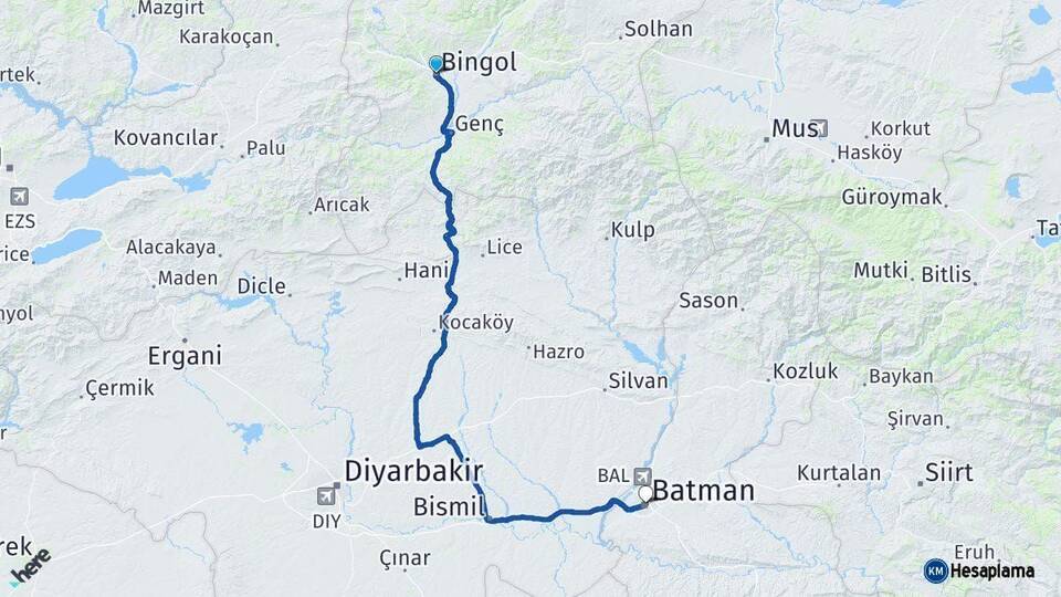 Bingöl Batman Arası Kaç Km - Yol Haritası