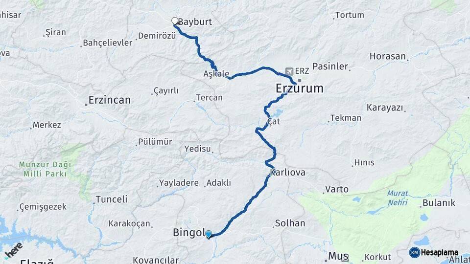 Bingöl Bayburt Arası Kaç Km - Yol Haritası