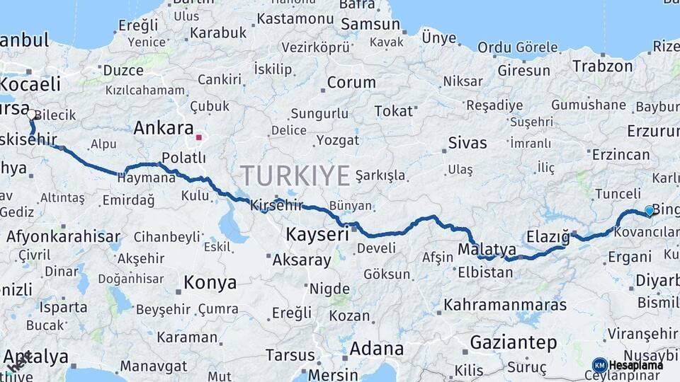 Bingöl Bilecik Arası Kaç Km - Yol Haritası