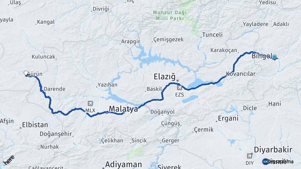 Bingöl Bingöl Havalimanı Arası Kaç Km - Yol Haritası