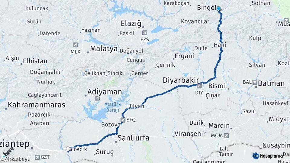 Bingöl Birecik Şanlıurfa Arası Kaç Km - Yol Haritası