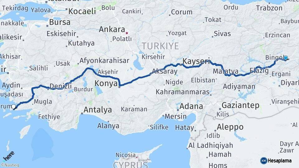 Bingöl Bodrum Muğla Arası Kaç Km - Yol Haritası