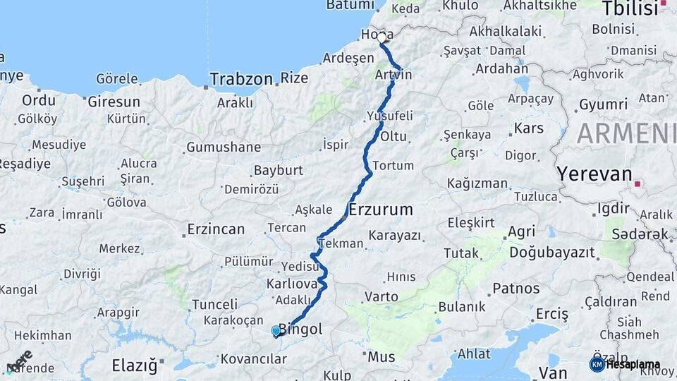 Bingöl Borçka Artvin Arası Kaç Km - Yol Haritası