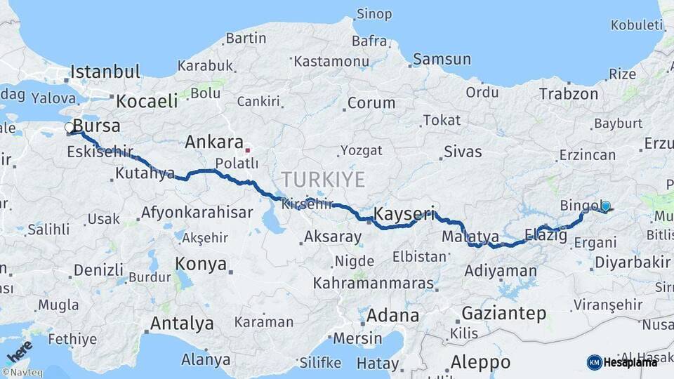 Bingöl Bursa Arası Kaç Km - Yol Haritası