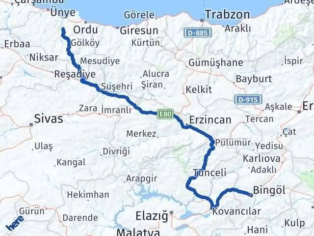 Bingöl Çamaş Ordu Arası Kaç Km - Yol Haritası