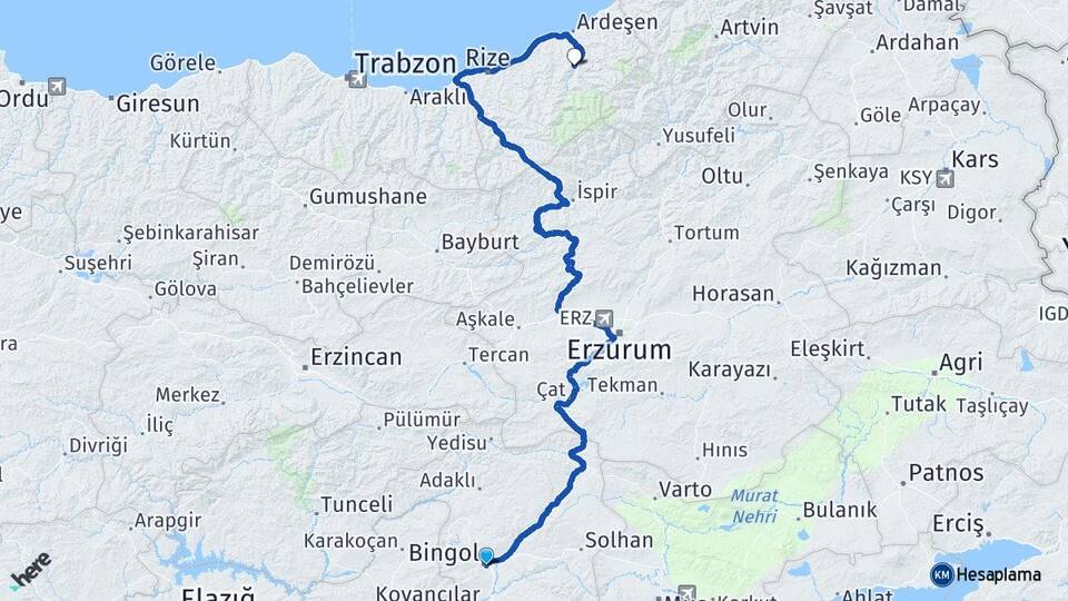 Bingöl Çamlıhemşin Rize Arası Kaç Km - Yol Haritası