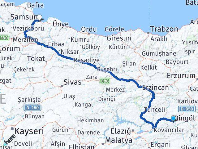 Bingöl Canik Samsun Arası Kaç Km - Yol Haritası