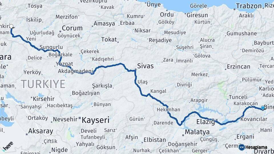 Bingöl Çankırı Arası Kaç Km - Yol Haritası