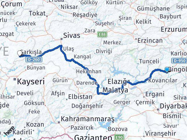 Bingöl Çayıralan Yozgat Arası Kaç Km - Yol Haritası