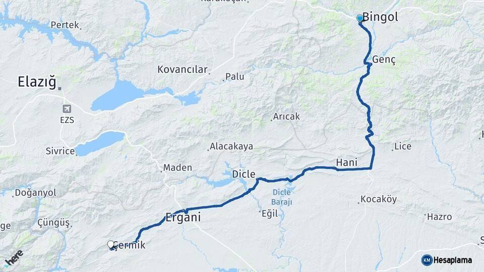 Bingöl Çermik Diyarbakır Arası Kaç Km - Yol Haritası