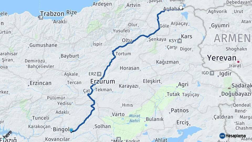 Bingöl Çıldır Ardahan Arası Kaç Km - Yol Haritası
