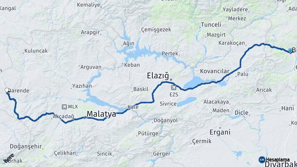 Bingöl Darende Malatya Arası Kaç Km - Yol Haritası