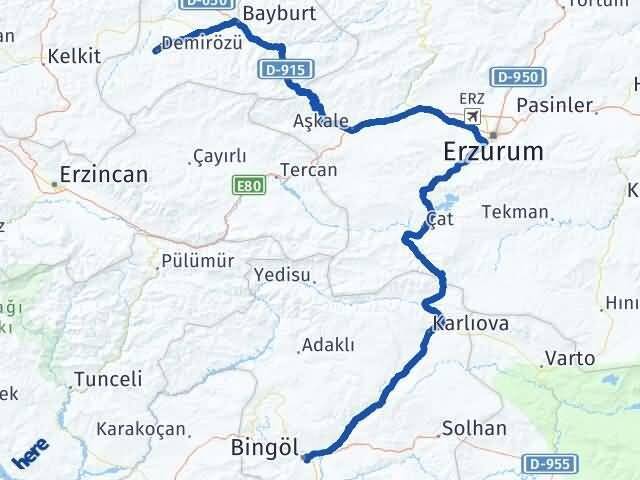 Bingöl Demirözü Bayburt Arası Kaç Km - Yol Haritası