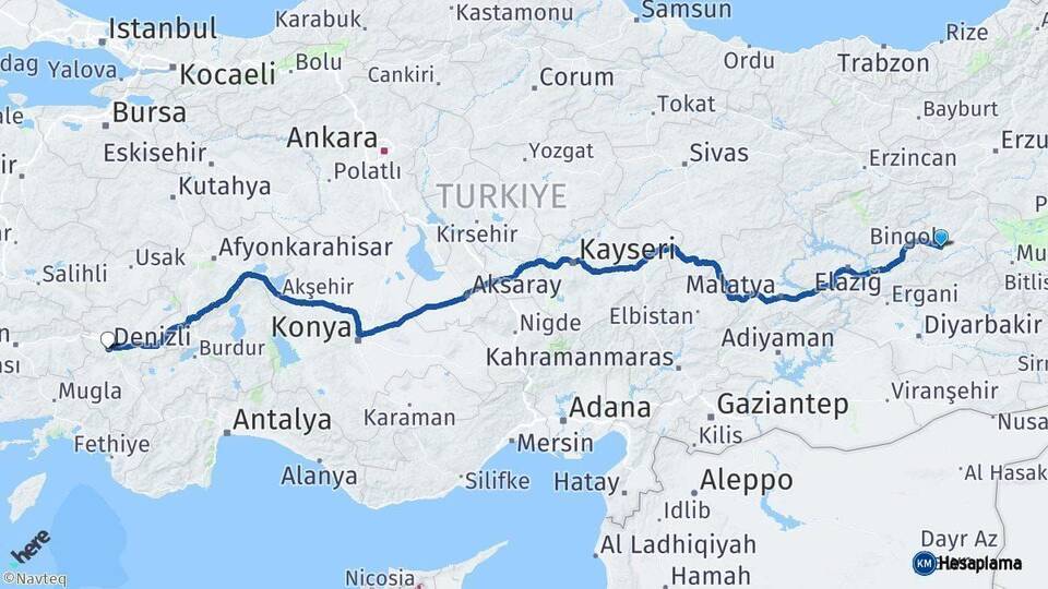 Bingöl Denizli Arası Kaç Km - Yol Haritası