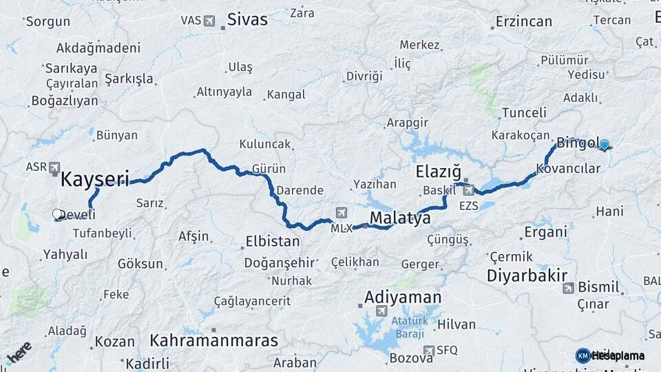 Bingöl Develi Kayseri Arası Kaç Km - Yol Haritası