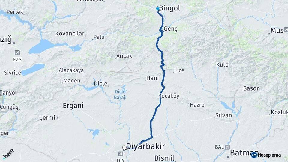 Bingöl Diyarbakır Arası Kaç Km - Yol Haritası