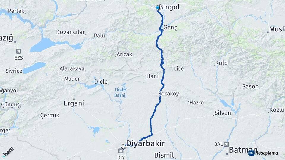 Bingöl Diyarbakır Havalimanı Arası Kaç Km - Yol Haritası
