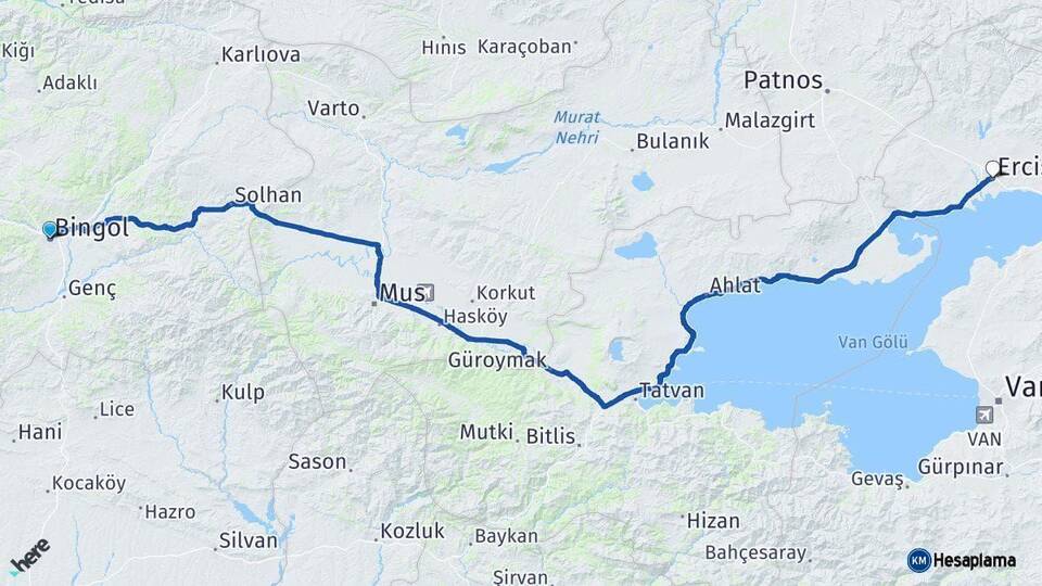 Bingöl Erciş Van Arası Kaç Km - Yol Haritası
