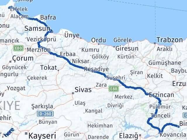 Bingöl Erfelek Sinop Arası Kaç Km - Yol Haritası