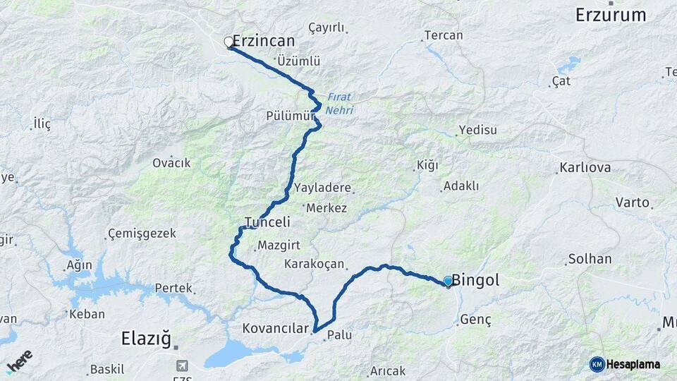 Bingöl Erzincan Arası Kaç Km - Yol Haritası