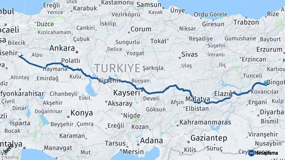 Bingöl Eskişehir Arası Kaç Km - Yol Haritası