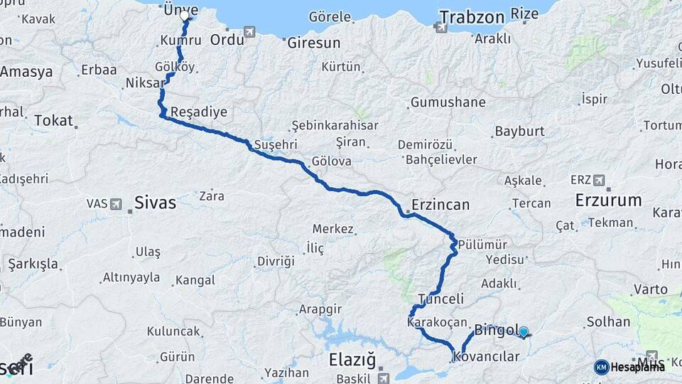 Bingöl Fatsa Ordu Arası Kaç Km - Yol Haritası