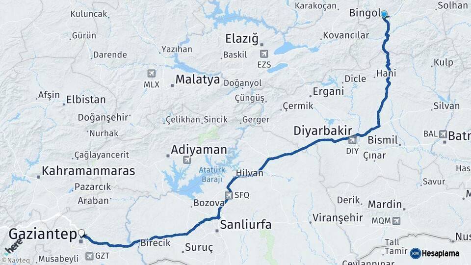 Bingöl Gaziantep Arası Kaç Km - Yol Haritası