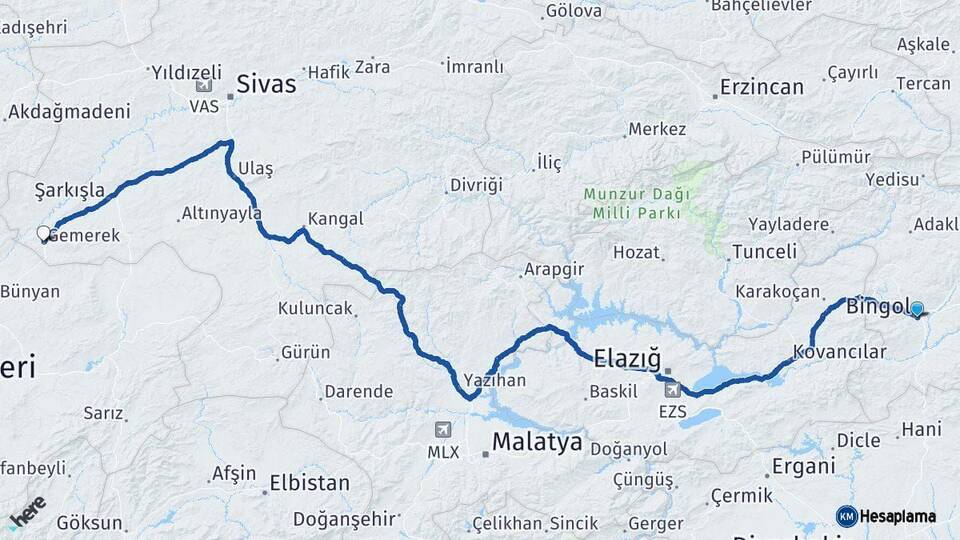 Bingöl Gemerek Sivas Arası Kaç Km - Yol Haritası