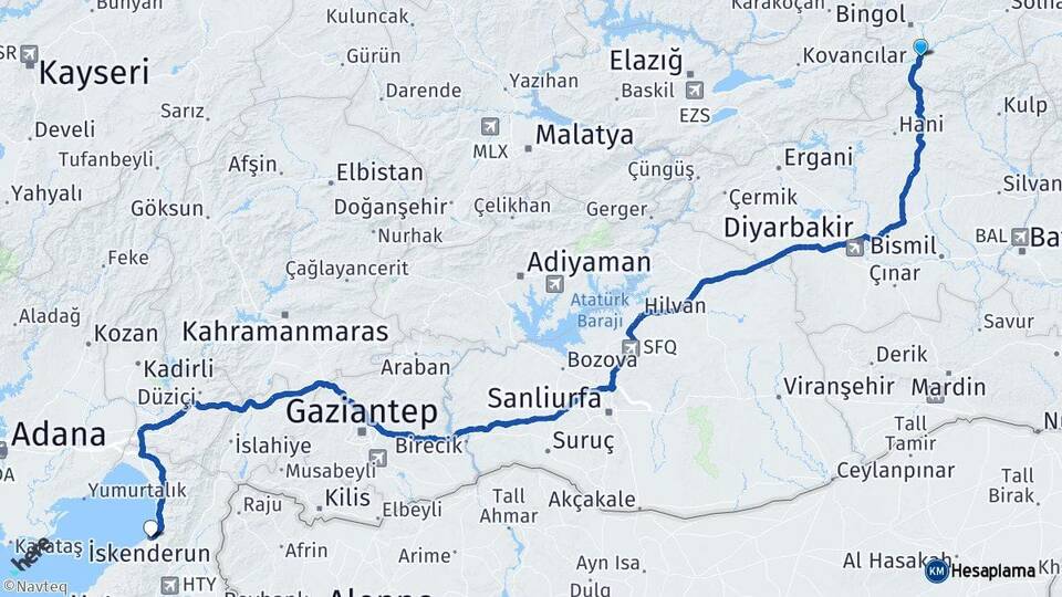 Bingöl Genç İskenderun Hatay Arası Kaç Km - Yol Haritası