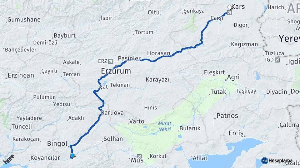 Bingöl Genç Kars Arası Kaç Km - Yol Haritası