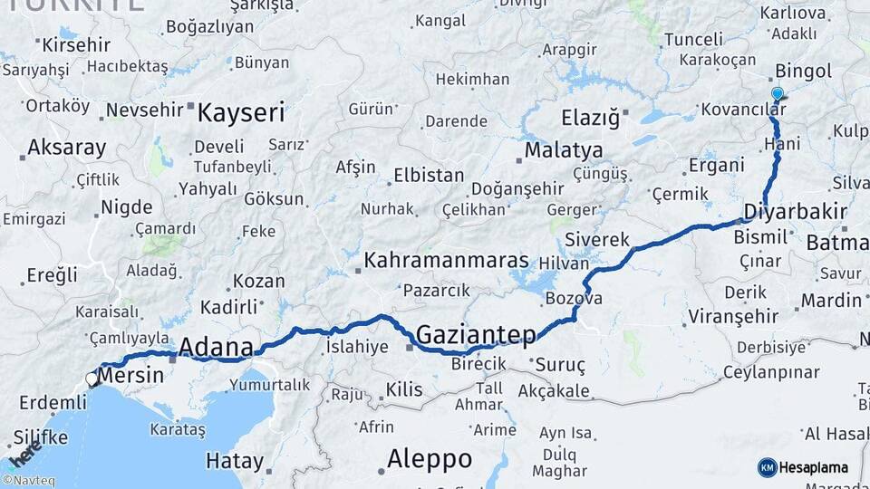 Bingöl Genç Mersin Arası Kaç Km - Yol Haritası