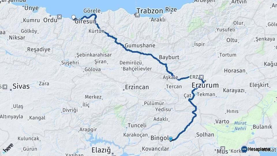 Bingöl Giresun Arası Kaç Km - Yol Haritası