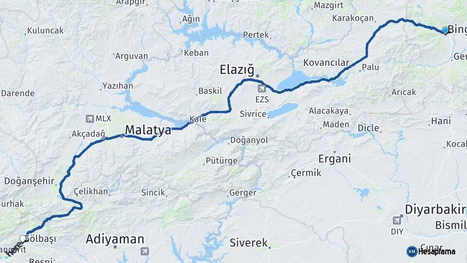 Bingöl Gölbaşı Adıyaman Arası Kaç Km - Yol Haritası