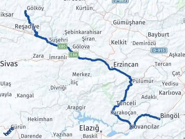 Bingöl Gölköy Ordu Arası Kaç Km - Yol Haritası