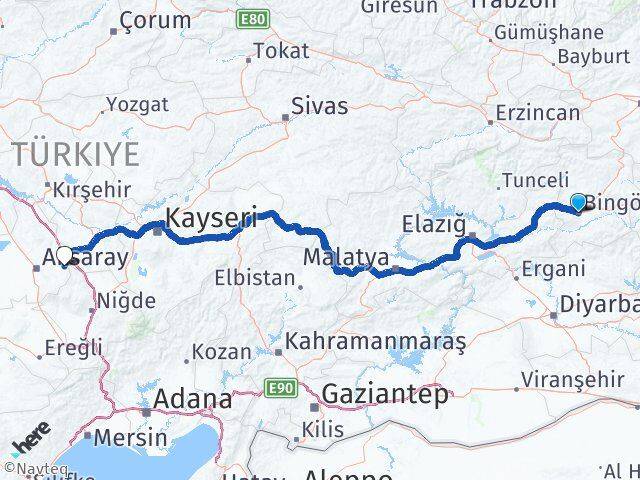 Bingöl Gülağaç Aksaray Arası Kaç Km - Yol Haritası
