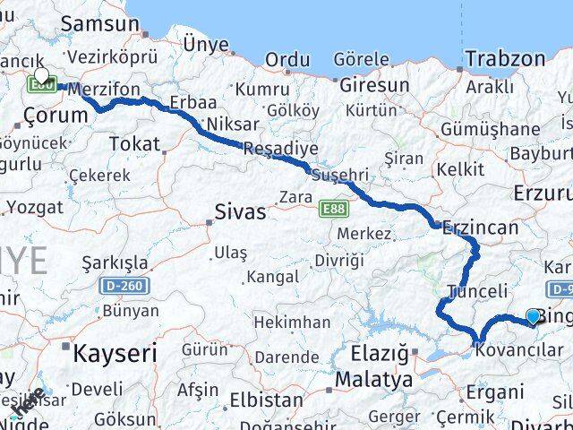 Bingöl Gümüşhacıköy Amasya Arası Kaç Km - Yol Haritası
