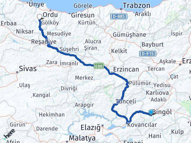 Bingöl Gürgentepe Ordu Arası Kaç Km - Yol Haritası
